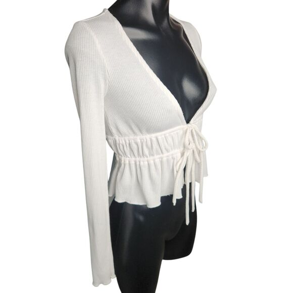 Forever 21 Ruched Tie Crop Top Size S Deep V Neck Cropped Ruffled Hem Boho Y2K - Picture 2 of 8